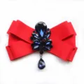 Men's red fabric bow tie with dark blue rhinestone crystal brooch pendant for formal suit wear. - Red
