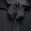 Men gothic vintage black bow tie with rhinestone crystal centerpiece pendant for suit groom. - Apricot Trim Gray