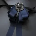 Mens Dark Blue Ribbon Bow Tie Crystal Rhinestone Brooch Wedding Suit Tuxedo Accessory - Cotton Band Navy Blue