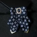 Mens luxury dark blue bow tie with crystal rhinestone brooch and gold metal tips for wedding. - Size 12