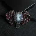 Vintage red black houndstooth bow tie with cameo portrait pendant and crystal frame decor - 11