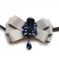 Men's Grey Satin Ribbon Rhinestone Bow Tie, Dark Blue Crystal Groom Suit Neckwear - Silver Gray