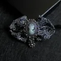 Vintage cameo bow tie brooch, dark blue brocade fabric with crystal rhinestones for men women. - 12