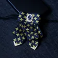 Elegant mens formal bow tie with sparkling blue rhinestone and gold pattern for wedding suit. - Size 14