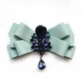 Men Rhinestone Bow Tie Light Green Fabric Crystal Brooch Collar Flower Accessories - Light Blue