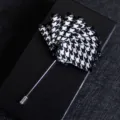 Houndstooth lapel pin, black and white fabric brooch for men suit jacket accessories. - White Houndstooth