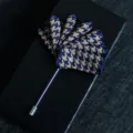 Men's suit lapel pin pocket square brooch, blue and beige check fabric flower with metal pin. - Houndstooth Pink