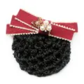 Burgundy bow hair net bun cover with pearl rhinestone alloy decor for professional work use. - 05-Red Coarse Mesh