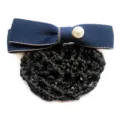 Navy blue ribbon bow hair net with pearl accent, elegant bun cover for women and hotel staff. - Dark Blue Coarse Net