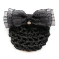 Black mesh hair net bun cover with chiffon bow and golden dice charm for elegant styling. - Black Coarse Mesh