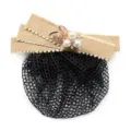Professional hair net bun cover with beige bow ribbon, faux pearls and black mesh net. - 01-Khaki Fine Mesh