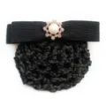 Black professional hair net with ribbon bow and pearl crystal flower clip for work style. - Coarse Mesh Black