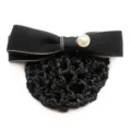 Black bow hairnet bun cover with elegant pearl decoration for hotel staff and daily wear. - Coarse Mesh Black