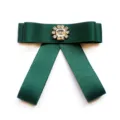 Dark green satin bow tie rhinestone crystal collar pin JK uniform accessory shirt brooch - Dark Green