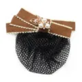 Professional hair net bow with elegant pearl flower, brown ribbon hair clip for workplace daily wear - 02-Brown Fine Mesh
