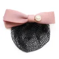 Pink bow hair net clip, elegant hotel staff hair accessory with stylish pearl decoration. - Pink Fine Mesh