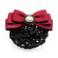 Professional burgundy bow hair net with pearl accent for women work wear and uniform style. - Wine Red Hair Net