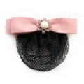 Professional pink bow hairnet with pearl rhinestone accent for the workplace. - Pink Fine Mesh