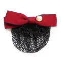 Elegant hair net with red bow and pearl ornament for hotel staff and professional workplace wear. - Red Fine Mesh