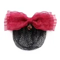 Red organza bow hair net with crystal pendant, professional hair styling accessory 12x5cm - Red Fine Mesh