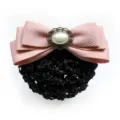 Professional hair net bow with faux pearl center, elegant pink ribbon accessory for workplace. - Pink Hair Net