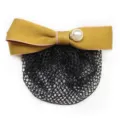 Elegant hair net bow clip with pearl accent for women staff hotel office daily wear 12x4cm - Yellow Fine Net