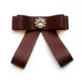 Dark brown satin bow tie for women JK uniform shirt collar accessory with crystal center - Dark Coffee