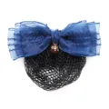 Blue organza hair bow with black hair net bun cover professional workplace hair accessory - Dark Blue Fine Mesh