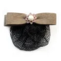 Professional brown hair net bow with pearl crystal centerpiece for women workplace bun cover. - Khaki Fine Mesh