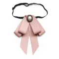 Women pink ribbon bow tie uniform shirt accessory with pearl brooch and adjustable strap - Pink Collar Bowtie