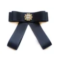 Dark blue ribbon bow tie with rhinestone center for women JK uniform school shirt collar flower. - Navy Blue
