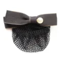 Black hair net bow bun cover with gold trim faux pearl elegant hair accessory for women styling - Dark Gray Fine Mesh