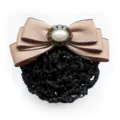 Elegant women hair net bun cover with pink bow and pearl accent, perfect for professional work. - Khaki Hair Net