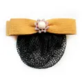 Yellow bow hair net bun cover with pearl crystal flower center for professional women wear. - Yellow Fine Net