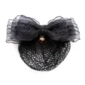 Black hair net bow bun cover with cute heart pendant, elegant professional hair accessory for women. - Black Fine Mesh