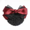 Professional hair net bun cover with burgundy and black ribbon bow for women work daily wear. - Wine Red Coarse Mesh