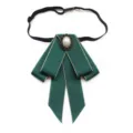 Women's Vintage Dark Green Ribbon Bow Tie with Pearl Brooch Professional Shirt Collar Accessory - Dark Green Collar Bowtie