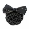 Black hair net with elegant bow and gold trim for professional work bun cover accessory. - Coarse Net Bow Hair Net / Black