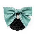 Professional hair net with green satin bow and pearl pendant, elegant bun cover for women. - Bean Green Coarse Net