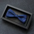 Mens Double Layer Striped Bow Tie Dark Blue Suit Necktie with Elegant Black Gift Box - 01-Striped Navy Blue