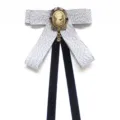 Vintage cameo brooch bow tie with velvet ribbon, elegant college style neckwear accessory. - Gray Mesh