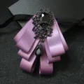 Purple satin multi layer bow tie brooch with black rhinestones and teardrop pendant for men suit. - Light Purple