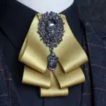 Mens gold ribbon rhinestone bow tie, luxury vintage crystal brooch for suit shirt. - Golden