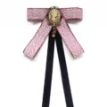 Vintage ribbon bow tie college style uniform necktie with cameo brooch for women and girls - Gauze Red