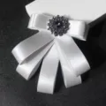 White Satin Ribbon Bow Tie with Sparkling Rhinestone Center for Men Suit Accessories - Silver Gray