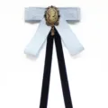 Collegiate style pre-tied bow ribbon collar brooch with vintage cameo for women school uniform. - Mesh Blue
