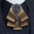 Men vintage rhinestone ribbon bow tie multi-layer crystal collar brooch for suit shirt - Dark Brown
