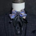Men's vintage plaid bow tie cravat with crystal center for wedding groom host performance. - 04-Gold Blue Plaid