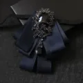 Men's dark blue fabric bow tie brooch with black crystals, elegant suit shirt accessory. - Dark Blue