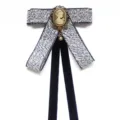Vintage ribbon bow tie with cameo brooch, elegant fabric necktie for women school uniform. - Black Mesh